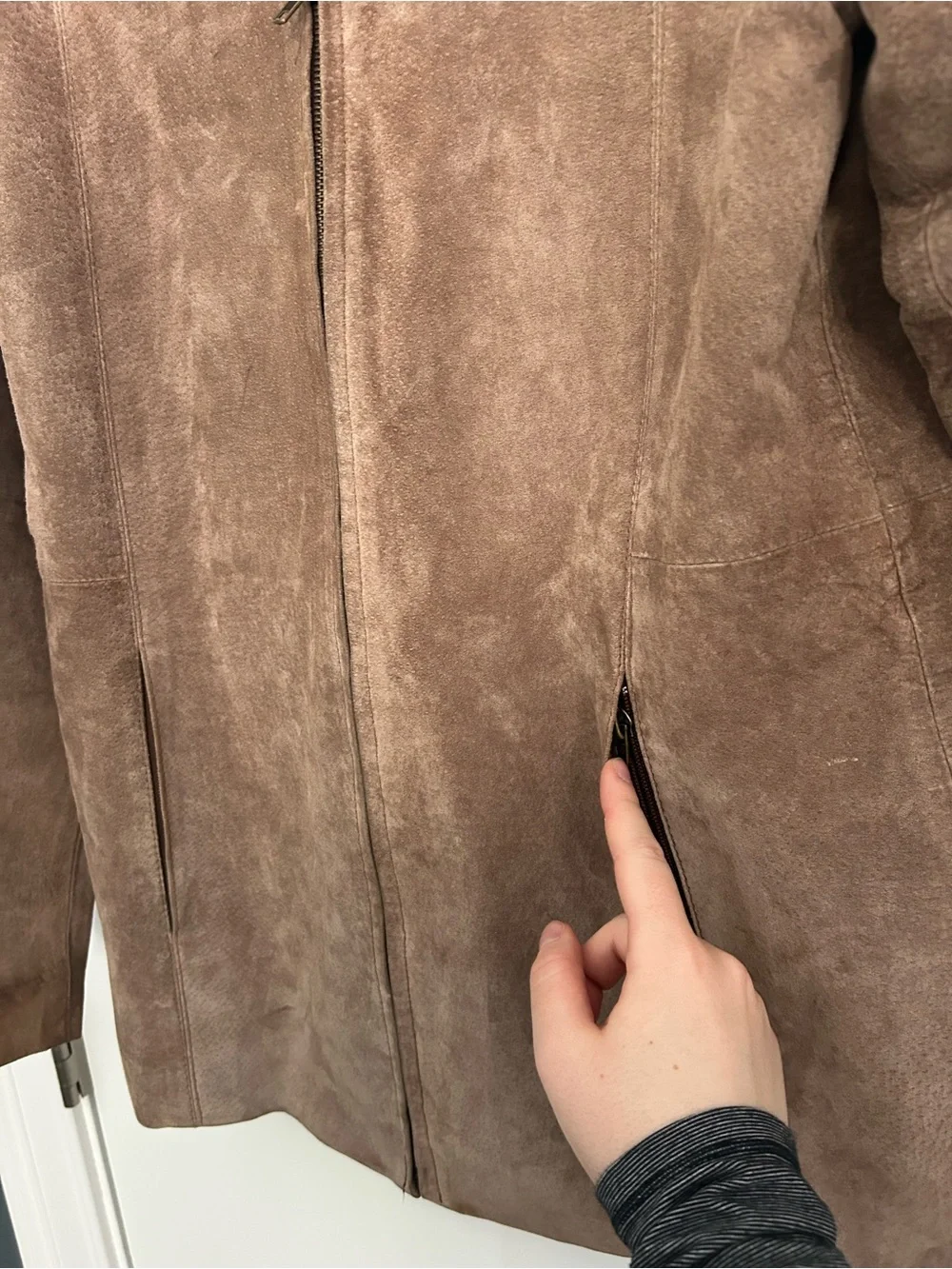 Tan Taupe Genuine Suede Zip Up Leather Jacket - Picture 4 of 8